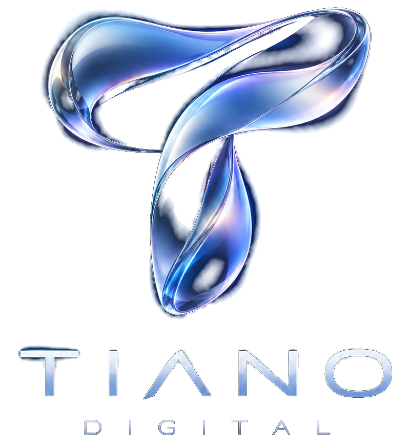 Logotipo oficial TIANO Digital: T de cristal azul y nombre TIANO DIGITAL